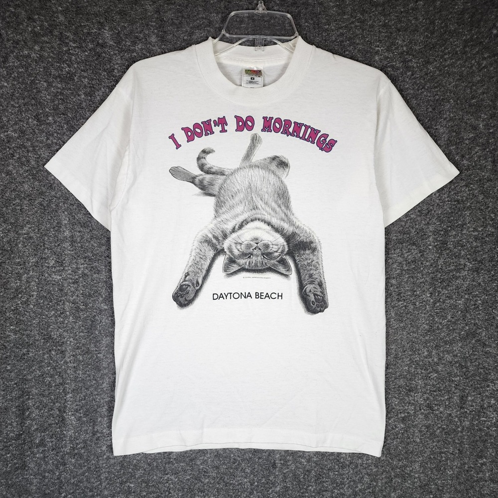 Fruit of the Loom T-shirt Mens M Best I Don't Do Mornings White Cat Graphic USA